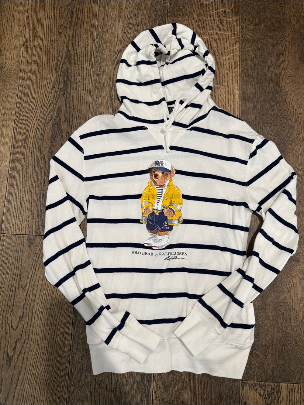 Ralph Lauren White Navy Striped Polo Bear Hoodie Sweater